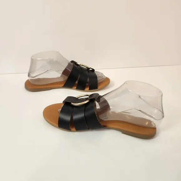 Pieces Vivi Black Leather Sandals Open Toe Slide On Shoes Size 38 7.5 8 Summer - Picture 6 of 13